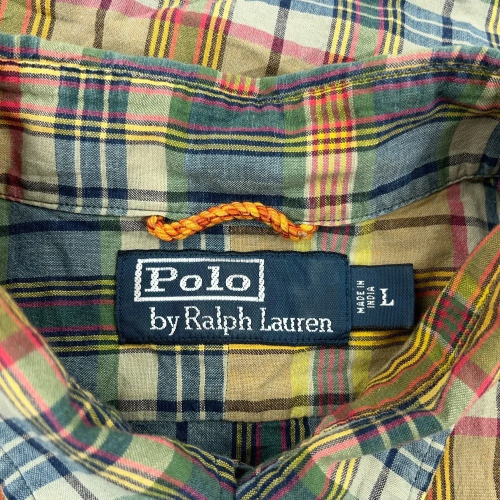 Polo Ralph Lauren‎ Shirt Men Large Green Blue Madras Plaid Button Up Epaulettes
